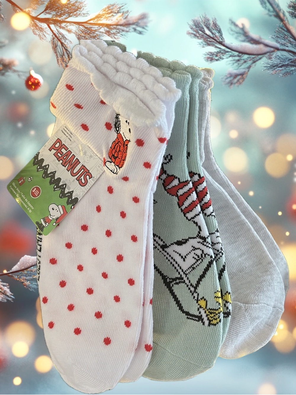🆕PEANUTS SNOOPY & WOODSTOCK Christmas 🎄 3/PK NO-SHOW SOCKS